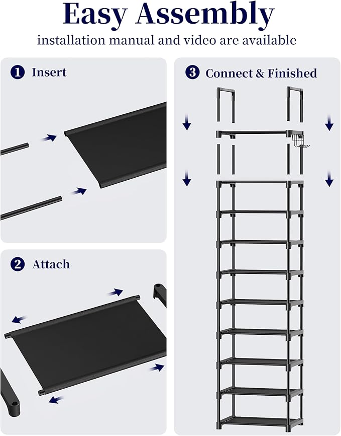 Kitsure Shoe Rack - 10-Tier Shoe Organizer with Detachable Fabric Shelves & Thick Metal Frame, Easy-to-Assemble Tall Shoe Rack for Closet, Entrance, Living Room, 16.9"×11.8"×68.5", Black