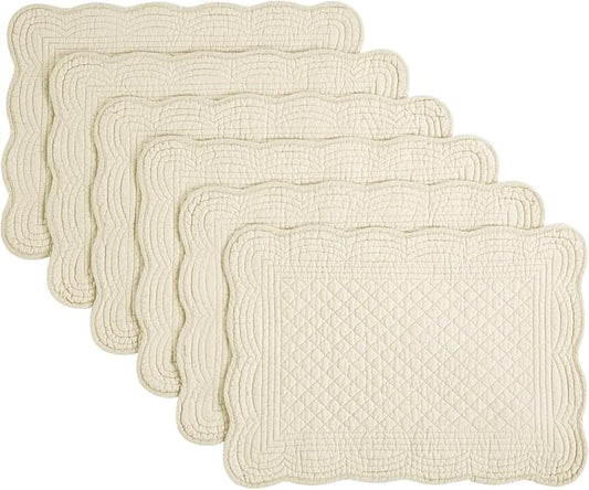 HOMBYS Quilted Placemats Set of 6 Washable-13x18 inches Rectangular Placemats for Kitchen Table-100% Cotton Fabric Rectangular Table Mats, (Flax)