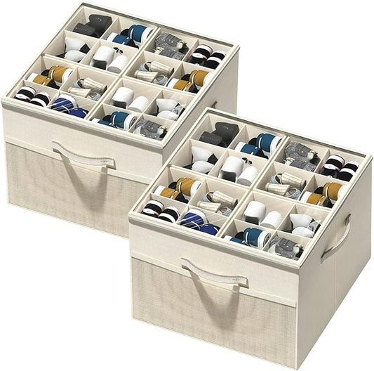 Aokeyee Shoe Organizer for Closet, 2 Pack Foldable Shoe Storage Organizer Box Bin with Adjustable Dividers and Clear Cover, Fits up to 16-32 Pairs (Beige)