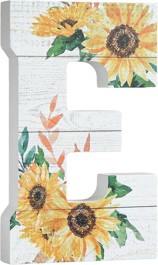 COLLECTIVE HOME - 10" Wood Lettes for Wall Decor, Sunflower Tabletop Alphabet Decoration, DIY Farmhouse Decor, Rustic Freestanding Monogram Block (E)