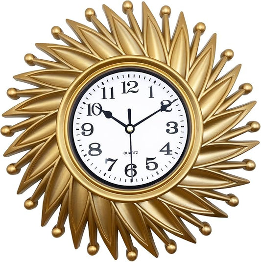 Small Wall Clock, 10 Inch Gold Sunburst Wall Clock, Mid Century Vintage Decorative Battery Operated Clock for Living Room, Bedroom, Kitchen, Bathroom, Office