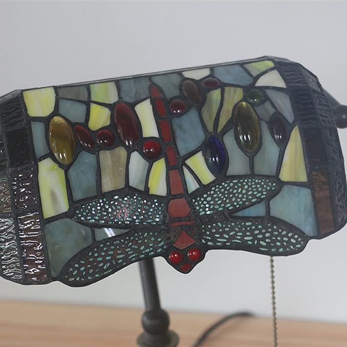 Tiffany Style Bankers Table Lamp Stained Glass Piano Desk Lamp Vintage Bedroom Bedside Lamp for Study,Antique Alloy Base,Zipper Switch,Dragonfly a