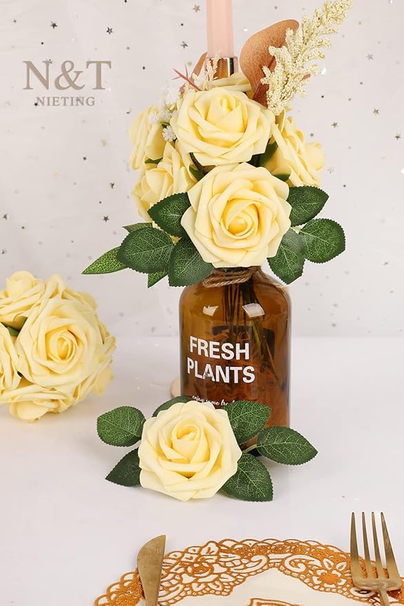 N&T NIETING Artificial Flowers, 25Pcs Fake Flowers Goose Yellow Roses Perfect for DIY Wedding Bouquets Centerpieces Bridal Shower Party Home Flower Arrangement Decorations