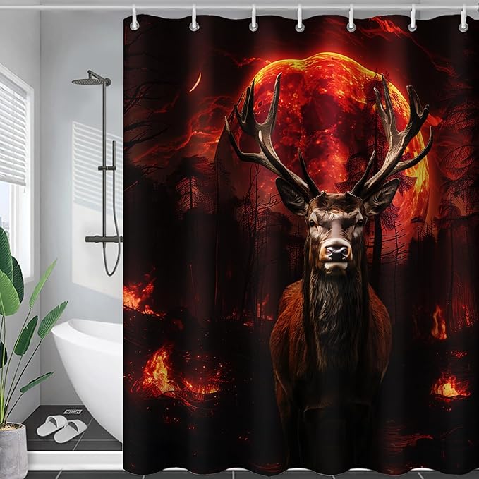 AILONEN Deer Hunting Shower Curtain for Boys,Moon Flame Fire Elk Bath Curtain for Bathroom,Print Polyester Waterproof with 12 Plastic Hooks 72" W*78" H