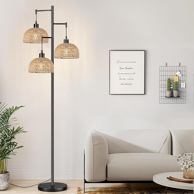 Floor Lamp for Living Room,Bedroom,3-Lights Boho Rattan Floor Lamps,Tree Farmhouse Industrial Black Standing Lamp Wicker Rustic Tall Lamp,Woven Bamboo LampShade Floor Light Bohemian