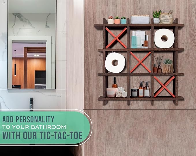 Comfify Rustic Tic-Tac-Toe Toilet Paper Holder for Bathroom – Rustic Storage Shelves for Toilet Tissue in Torched Brown Color – Freestanding or Wall Mount Bath Shelves for Your Farmhouse Décor