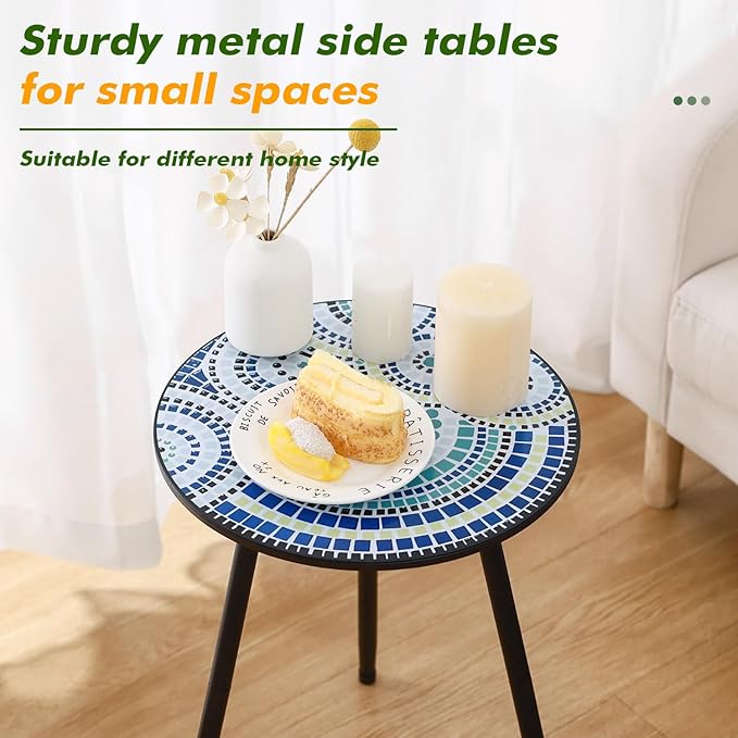 2 Packs Metal Mosaic Round Side Tables 13.4" Small Outdoor Patio Round Accent Coffee Tables Indoor Corner Stand for Small Spaces Weather-Resistant for Balcony, Porch Plant Stands Indoor