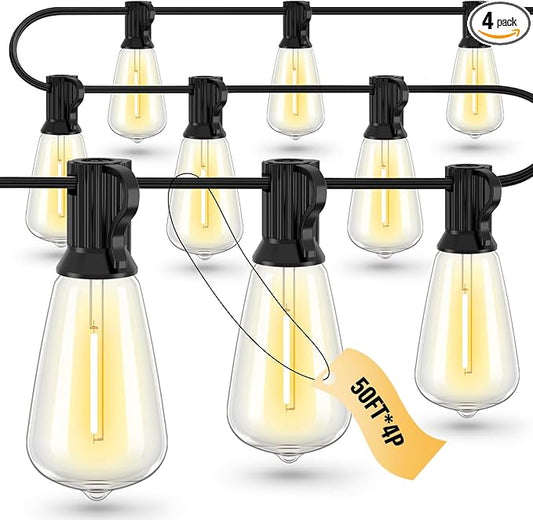 String Lights for Outside, 200 FT (50FT 4 Pack) Patio Lights Outdoor Waterproof with 108 ST38 Edison Bulbs(8 Sqare), Plug in Hanging Light for Porch, Blacony, Backyard, Bistro, Garden, 2700K