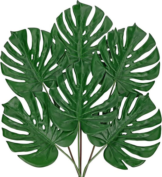 DILATATA 6 Pack Artificial Monstera Leaves with Long Stem for Vase - Fake Tropical Plants Palm Leaves Realistic Philo Turtle Leaves for Home Wedding Party Decor - Medium