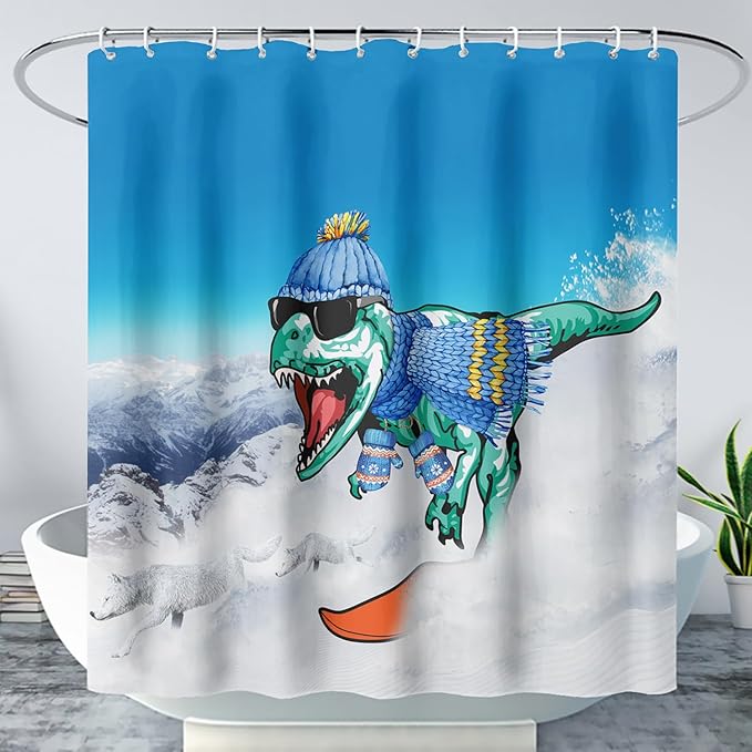 AILONEN Dinosaur Shower Curtain for Boys,Snow Wolf Shower Curtain, 72" W*96" H Waterproof Dino and Wolf Animals Themed Decor Bathroom with Grommets and Hooks