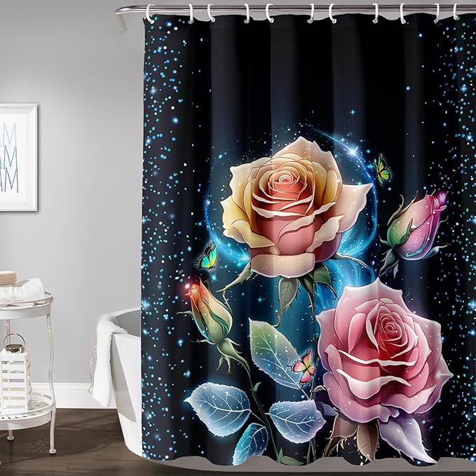 AILONEN Pink Rose Shower Curtain,Galaxy Butterfly Rose Flower Curtain for Kids Girls Women,Modern Romantic Curtain,Print Polyester Waterproof with 12 Plastic Hooks, 60" W*72" H