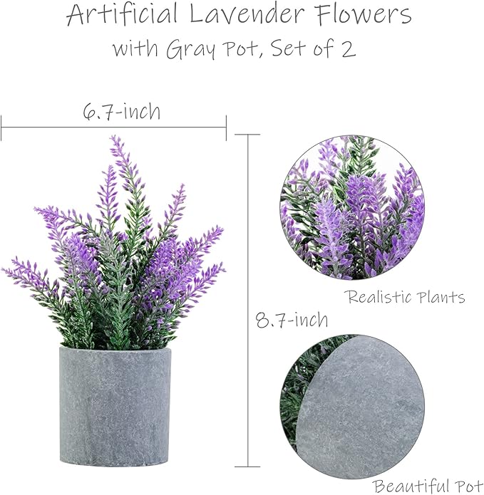 CADNLY Artificial Lavender Plant in Pots - Faux Lavender Flowers Decor – Fake Flowers Purple Decor Plant Potted Bathroom Bedroom Kitchen Farmhouse Home 2 Pack