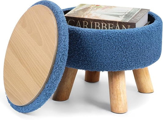 Ottoman Foot Rest, Small Round Ottoman with Storage, Boucle Teddy Velvet Footstool with Wood Legs, Soft Sponge Storage Ottoman for Living Room, Bedroom, Couch, Enterway (Dark Blue)