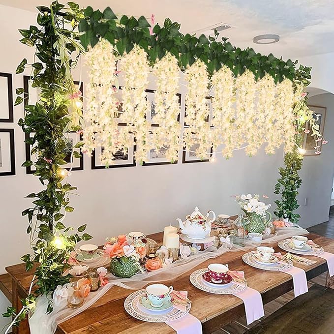 Artificial Lilac Flowers Garland 8Pcs-24Branches 33.5in Fake Syringa Wisteria Vines Faux Silk Lilac Hanging Floral Decoration for Indoor Outdoor Wedding Arch Birthday Party Garden Balcony (Champagne)