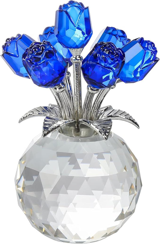 Blue Rose Flower Crystal Figurine with Vase, Bouquet Flowers Ornament Gifts for Wife Girlfriend Women , Handmade Crystal Flower Collectible Home Table Decor for Valentine's Day Wedding Anniversary