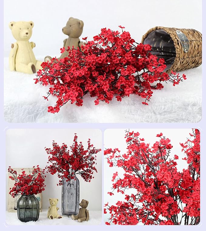 JAKY-Global 9pcs Babys Breath Artificial Flowers Gypsophila Bouquet Bulk Fake Spring Silk Small Flowers Real Touch Faux Floral for Home Bedroom Kitchen Garden Wedding Christmas Party DIY Decor (Red)