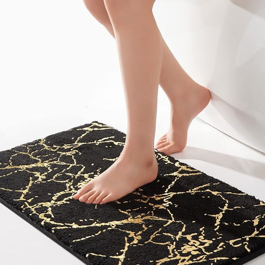 QJHOMO Marble Bathroom Rug Black and Gold Decor Bathroom Rugs Non Slip Bath Mat Super Absorbent Microfiber Plush Bathmat Machine Washable Floor Carpet for Tub, Shower, Bedroom (20x32 inch)