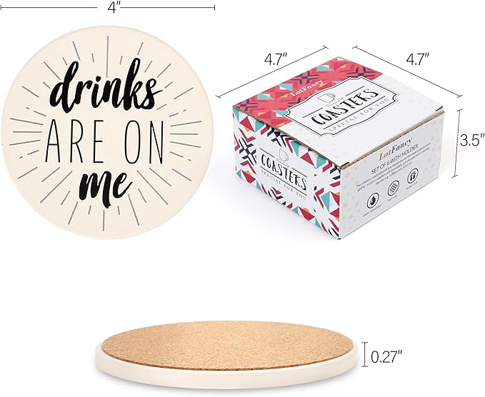 LotFancy 6PCS Ceramic Coasters with Cork Base, Round Coasters with 6 Humorous Sayings, Non-Slip, Bar Room Decor, Housewarming Gift