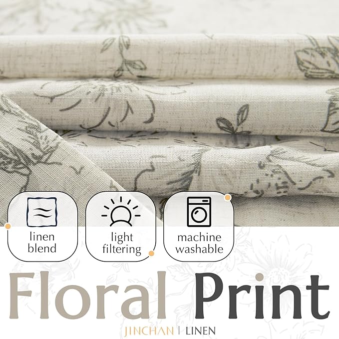jinchan Lined Linen Blend Curtain Floral Curtains for Living Room 84 Inches Long Grey Peony Flower Printed Curtain Back Tab Farmhouse Patterned Drapes Bedroom Window Curtains Set 2 Panels