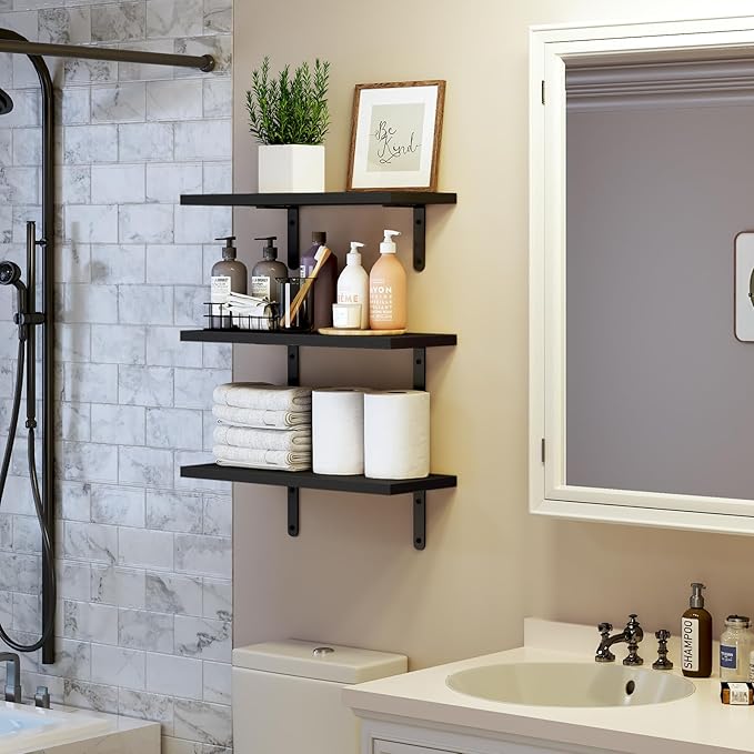 Fixwal Floating Shelves - 4 Set Farmhouse Wood Wall Mounted Shelves for Bedroom & Bathroom Storage, Book Shelf - Black