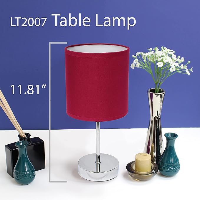 Simple Designs LT2007-WNE-2PK Chrome Mini Basic Table Lamp with Fabric Shade 2 Pack Set, Wine