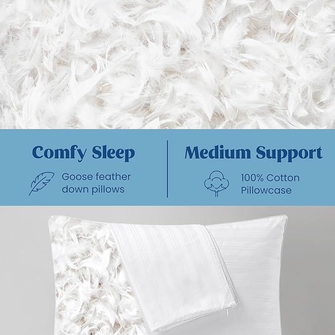 puredown Goose Feather Down Pillows, Bed Pillows for Sleeping with 2 Outer Protectors, Hotel Standard/Queen Pillows Set of 2 (Pack of 2)