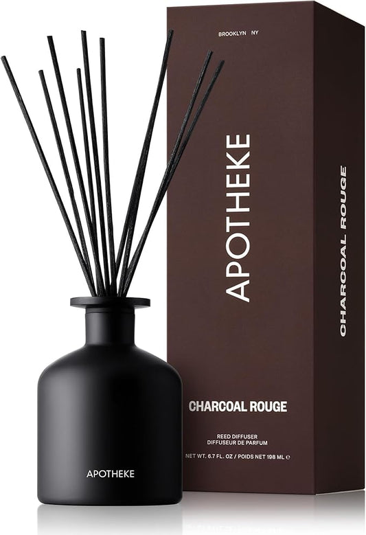 Apotheke Scented Oil Reed Diffuser for Home, Charcoal Rouge - 6.7 fl oz Diffuser Scent Sticks, Lasts for 3-4 Months - Notes of Cedarwood & Sandalwood, Smoky Embers, Burnt Maple, & Hint of Raspberry