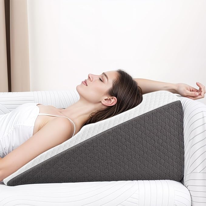Wedge Pillow for Sleep Apnea, 12 Inch Bed Wedge Pillow for Headboard, Wedge Pillow for Acid Reflux, After Surgery, Snoring, Cooling Memory Foam Top Triangle Pillow Wedge, Removable Cover