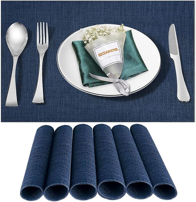 Placemats Set of 6,Washable,Heat and Stain Resistant Indoor/Outdoor Place mats, Vinyl Woven Non Slip Table Mats for Restaurant Table Protection, PVC Table Placemats.(Navy Blue, 6PCS)