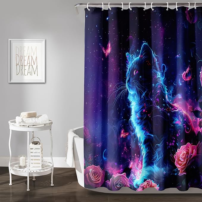 AILONEN 3D Rose Cat Shower Curtain Set, Beautiful Kitten with Butterfly Shower Curtain Liner for Kids Boys Girls,Boho Galaxy Shower Curtain for Bathroom,60" W*72" H