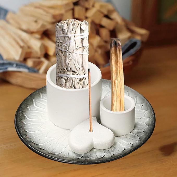 4 in 1 Incense Burner Holder,Incense Sage and Palo Santo Holder,Incense Stick Holder,Ceramic Incense Holder Ash Catcher,for Meditation Room (Black + White)