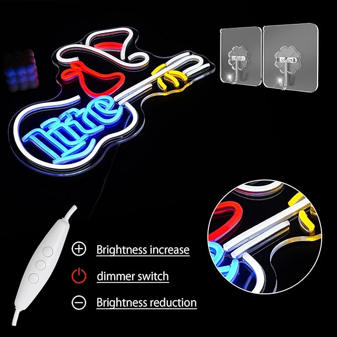 Cowboy Hat Neon Sign for Wall Decor Guitar Neon Light Beer Bar Sign Music Neon Signs LED Sign Neon Lights for Wall Art LED Neon for Home Bar Pub Shop Party Bar Led Sign(16.5"*12.9")