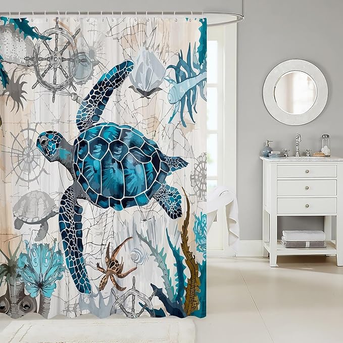 Feelyou Sea Turtle Shower Curtain Ocean Sailboat Compass Fabric Shower Curtain for Kids Boys Girls Nautical Theme Bathroom Waterproof Accessories with 12 Hooks Ocean Creature Curtains,72x84 Inches