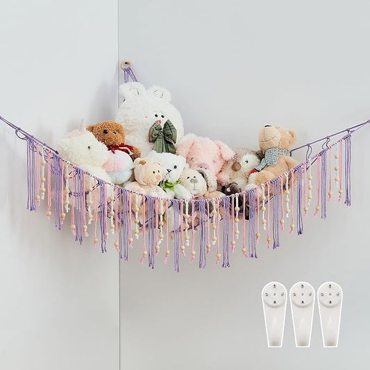 Pretty Jolly Stuffed Animal Storage Hammock with Wooden Beads Corner Hanging Net Boho Tassel for Toy Plush Holder for Kid Room Nursery Decor Wall Display Organizer for Girls Boy Gift(Purple)