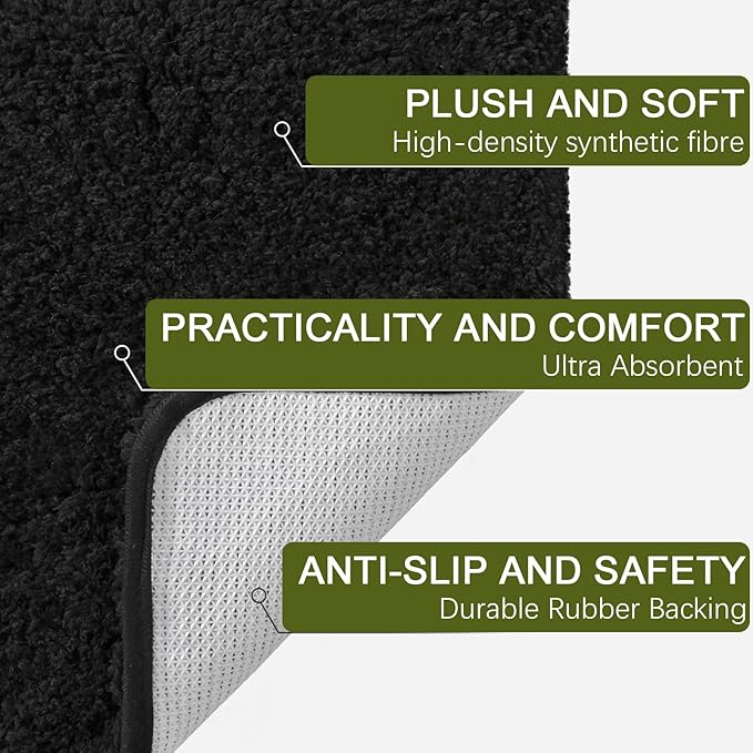 AROGAN Luxury Non Slip Bathroom Rug, Thick Soft and Absorbent Microfiber Bath Mat, Rubber Backing Quick Dry Rugs Carpets, Machine Washable Plush Mats for Shower Floor, Bathroom, 24x72 Inch Black