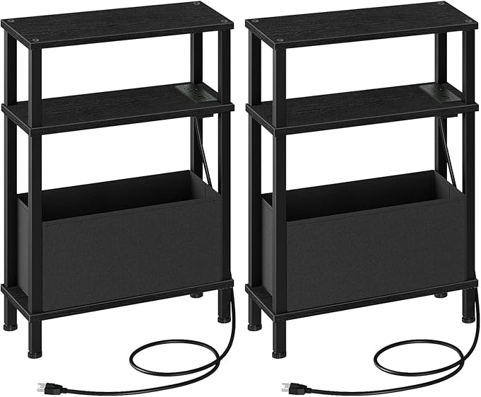 Set of 2 End Tables with Charging Station, Narrow Side Table for Small Spaces, Slim Nightstand with Basket, Skinny Bedside Table, for Living Room, Bedroom, Black TBZ07UP2BBN1