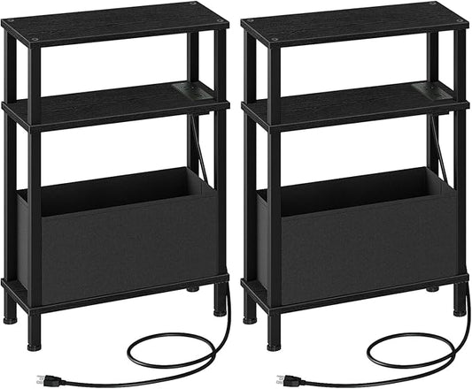 Set of 2 End Tables with Charging Station, Narrow Side Table for Small Spaces, Slim Nightstand with Basket, Skinny Bedside Table, for Living Room, Bedroom, Black TBZ07UP2BBN1