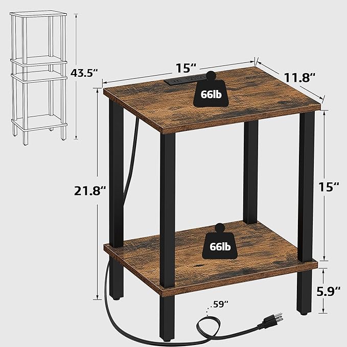 TUTOTAK End Table with Charging Station, Side Table with USB Ports and Outlets, Nightstand, 2-Tier Storage Shelf, Sofa Table for Small Space TB01BB040