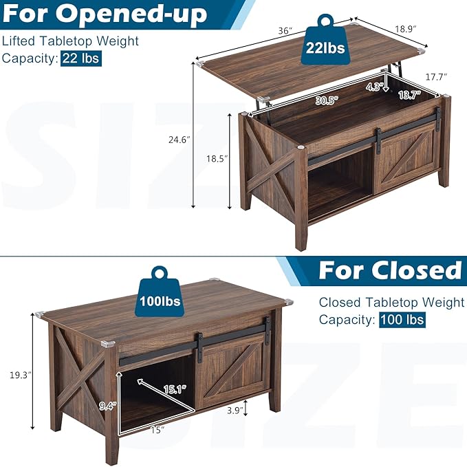 VINGLI Espresso Lift Top Coffee Table, 36" Small Farmhouse Barn Door Coffee Table with Storage, Rectangular Center Wood Coffe Table with Lifting Top, Lift Up Living Room Tables with Hidden Compartment