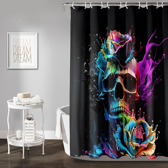 AILONEN 3D Sugar Skull Shower Curtain,Colorful Rose with Skeleton Design Shower Curtain Set with Hooks for Boys Girls Teens,Colour Inkjet Theme60 W*72" H