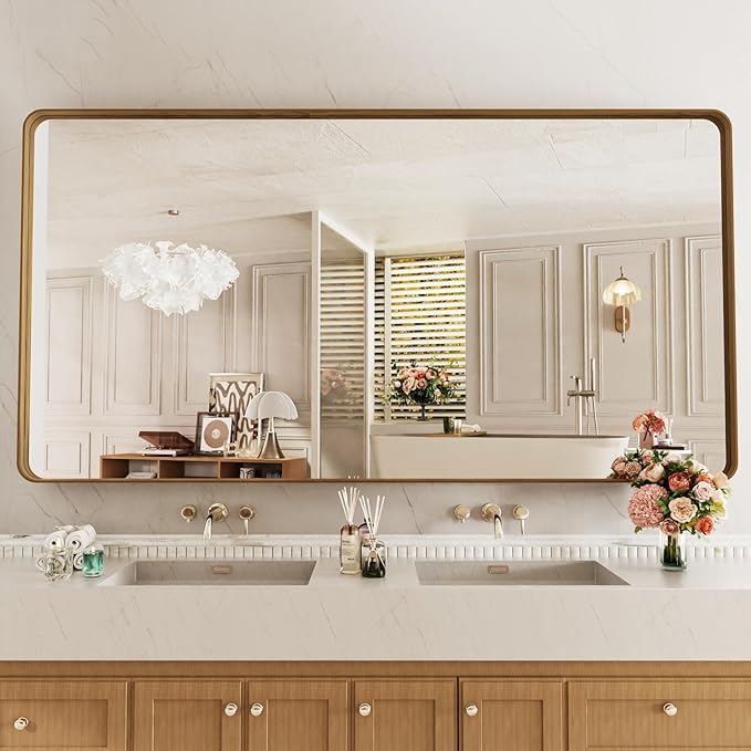 LOAAO 72X36 Inch Bathroom Mirror with Wood Grain Colored Metal Frame, Rounded Rectangle Metal Framed Bathroom Mirror, Anti-Rust, Hangs Horizontally or Vertically, Tempered Glass