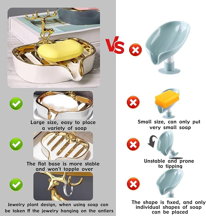 Soap Dish, Virvia Luxurious Ceramic Soap Dish Self Draining Soap Holder Tray Easy Cleaning Soap Saver for Shower Bathroom Kitchen Sink Bathtub Hotel Travel（White Painted in Gold）