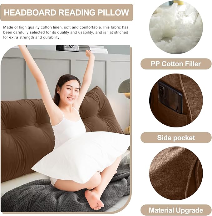Large Triangular Headboard Pillows Long Backrest Positioning Support Bolster Cushion for Daybed Fluffy Quality Plush Body Wedge Pillow with Removable Cover(Dark Brown-Twin/Twin XL-39x8x20 in)