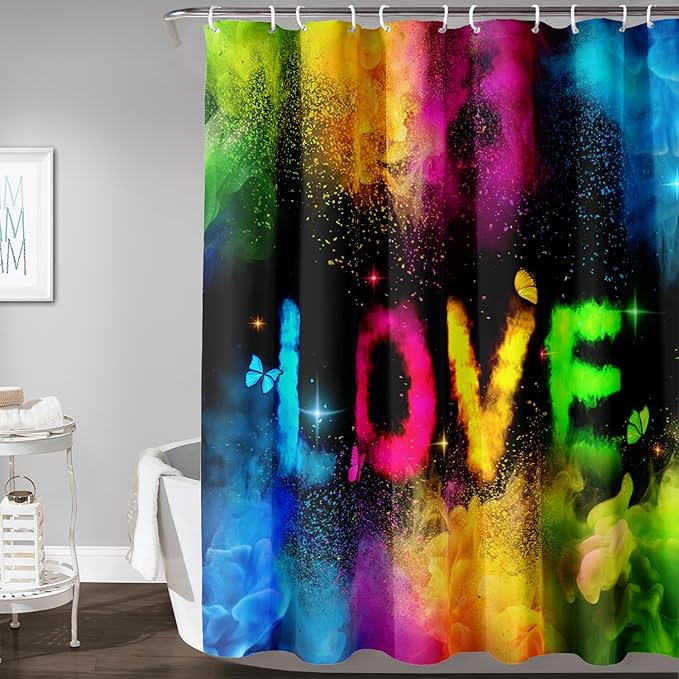 AILONEN Girls Shower Curtain for Bathroom, Rainbow Smoky Love Printed Bathroom Curtain Decor,Women Colorful Bath Curtain Polyester Waterproof Bathroom Curtain with 12 Hooks(72" W*96" H)