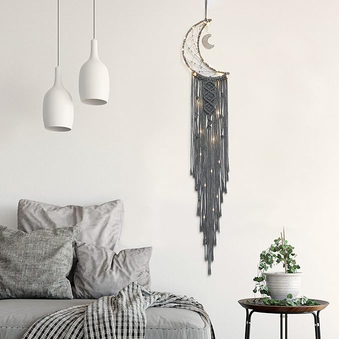Dremisland Macrame Woven Wall Hanging Moon Dream Catcher- Boho Chic Bohemian Home Decor Wall Art Decor Beautiful Apartment Dorm Room Door Decoration (Moon-Grey)