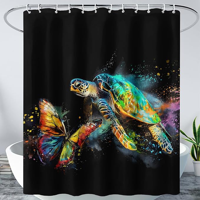 AILONEN Sea Turtle Shower Curtain, Tie Dye Turtle and Butterfly Bathroom Curtain,Minimalist Black Bath Curtain 72" W*78" H Polyester Waterproof Bathroom Curtain with 12 Hooks