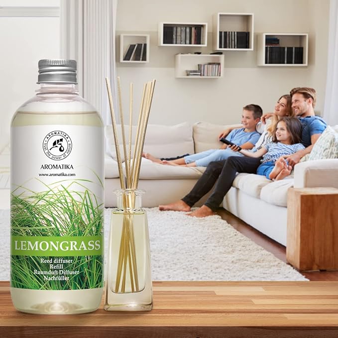 Lemongrass Diffuser Refill 34 Fl Oz (2x17 Fl Oz) - Fresh & Long Lasting Fragrance - Refill with Natural Essential Lemongrass Oil - for Aromatherapy - Spa - Home - Reed Diffuser Oil Refill Lemongrass