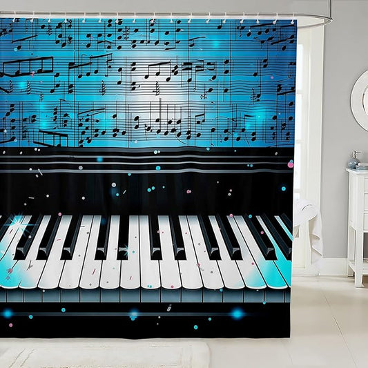 Feelyou Piano Shower Curtain Boys Girls Musical Fabric Shower Curtain for Kids Music Theme Bathroom Waterproof Accessories with 12 Hooks Blue Curtains,72x84 Inches