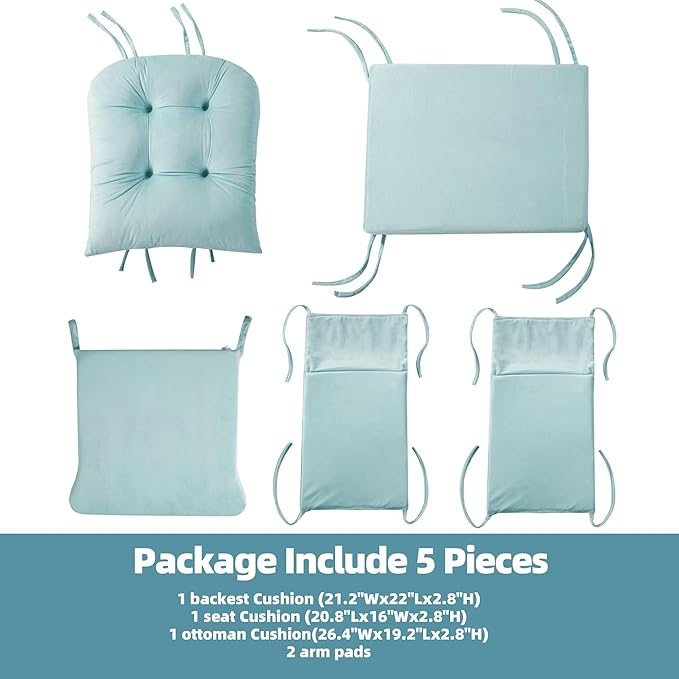 5 PCS Velvet Glider Rocker Replacement Cushions with Side Storage Pocket, Thickened & Supportive Cushions Set for Indoor Nursery Rocking Chair, Blue