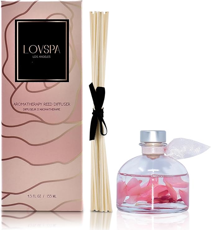 LOVSPA Moroccan Rose Scented Sticks Reed Diffuser Set – Soothing Floral Blend of Rose Essential Oils, 4.5 Ounces, Made in The USA